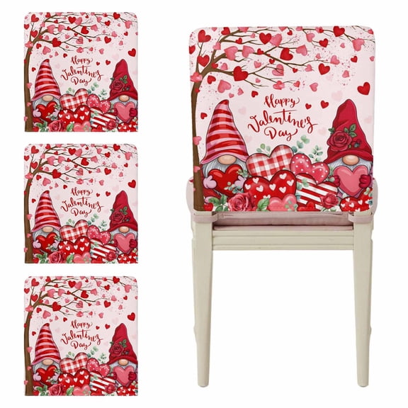Valentine's Day Chair Back Covers Set of 8, Red Couple Gnomes Heart Roses Love Tree Pink Stretch Dining Chair Back Slipcovers Removable Seat Cover for Kitchen Restaurant Hotel Cafe