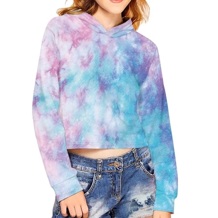 FKELYI Tie Dye Girls Crop Tops Hoodies Size 7-8 Years Breathable Daily Life Hooded Pullover Tops Stretchy Party Long Sleeve Sweatshirts Trendy