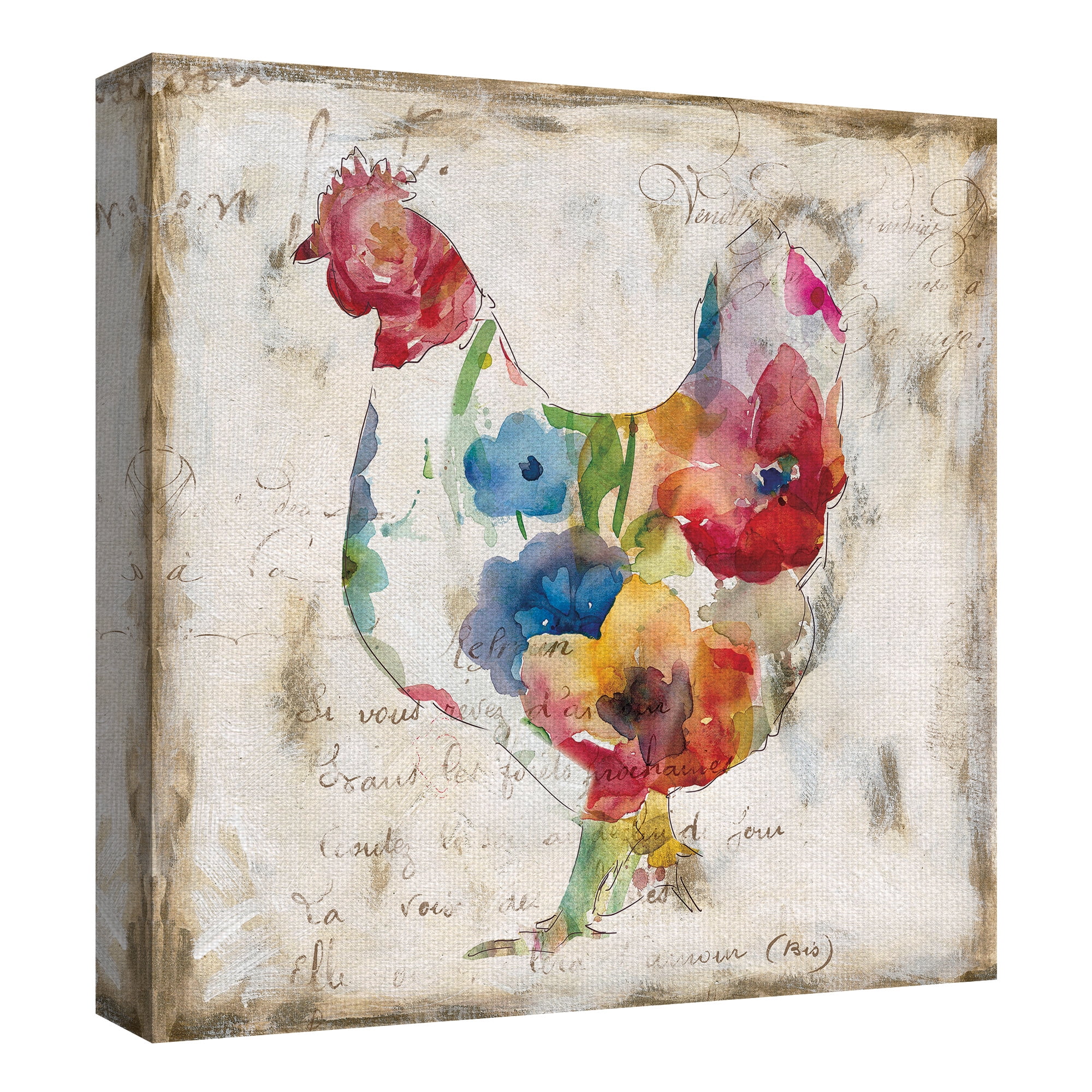 Flowered Hen & Rooster by Carol Robinson Canvas Art Painting Print Set of 2