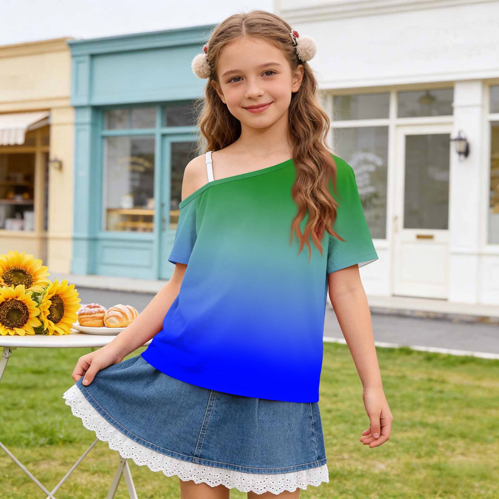 Girls Off-Shoulder Printed Short Sleeve T-Shirt Cute Gradient Star Print Casual Summer Top Breathable Loose Fit Tee for Bigger Kids and Daily Wear Dark Blue 7 Years