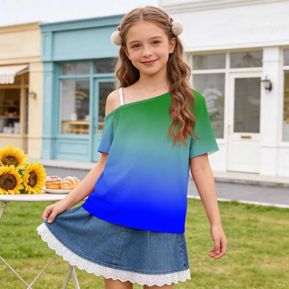 JOANKDMI One Shoulder T Shirts Girls 7-8 Short Sleeve Asymmetrical Shirts Gradient Ombre Print Summer Casual Trendy Tops Slouchy Loose Fit Daily Wear Vacation Tees