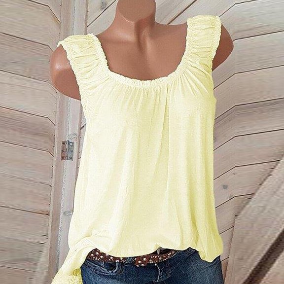 OKBOP Yellow Tops for Women Trendy Summer Sleeveless Crew Neck Solid Pleated Tank Top Shirts for Women