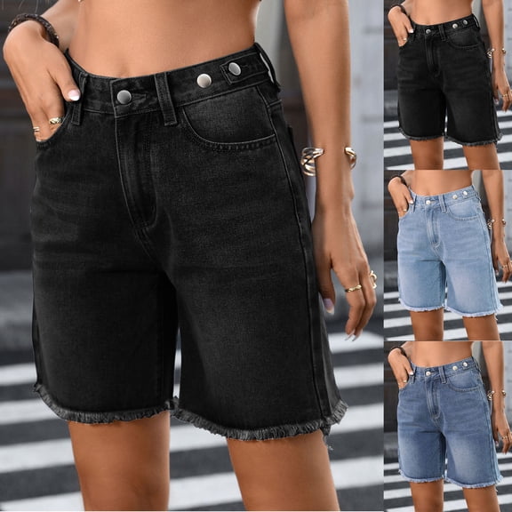 Jsaierl Women's Jean Shorts High Rise Ripped Summer Wide Leg Petite Pull On Bermuda Denim Shorts