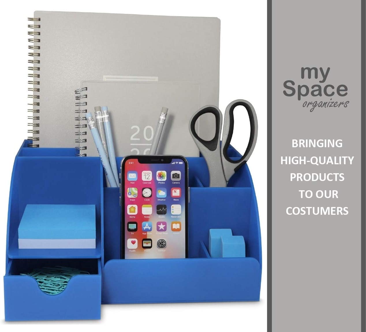 My Space Organizers 9-Compartment Desktop Organizer & Pencil Holder with Accessories, Blue