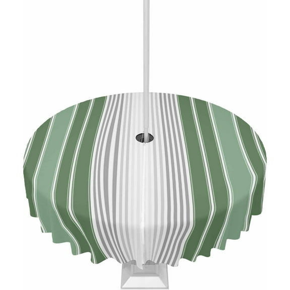 Sage Green Outdoor Round Tablecloth with Umbrella Hole 60inch Waterproof Tablecloth Zippered Patio Table Cloth, Striped Spring Wrinkle-Free Decorative Table Cover for Picnic Dining