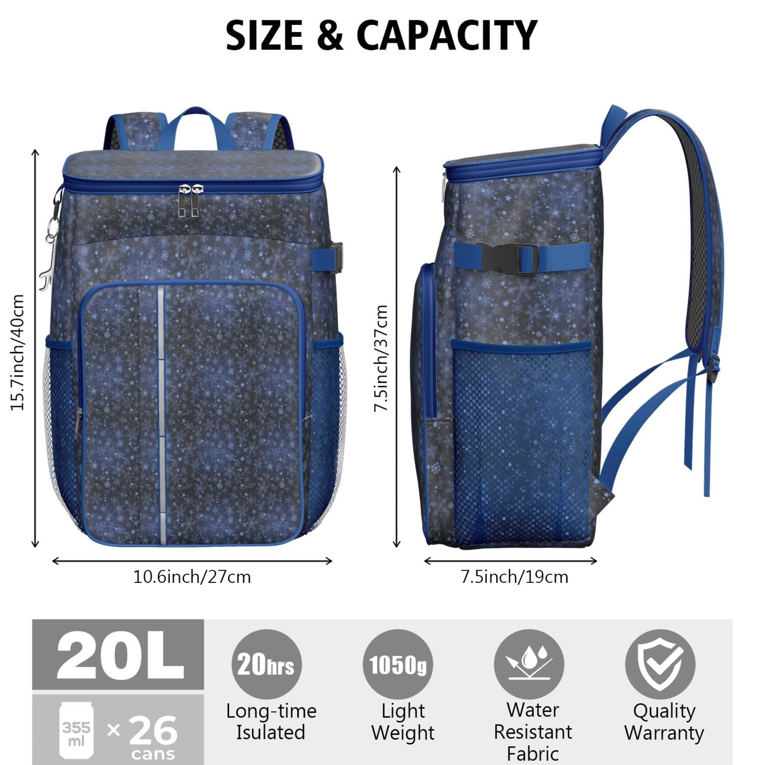 Travel Cooler Bag - Dark Blue Christmas Snowflake Pattern Camping Beer Cooler Backpack with Bottle Opener- Waterproof Insulated Picnic Backpacks - Cooler Bag for Beach