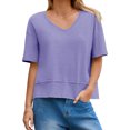 thumbnail image 3 of Short Sleeve Solid Color Summer Women V Neck Casual Flowy Tee Shirt, 3 of 7