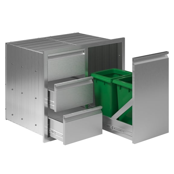 Jocisland Outdoor Kitchen Drawers 28"×23"×23" Stainless Steel Drawers, Single Door Trash & 3-Drawer Cabinet, Built-in BBQ Island Storage