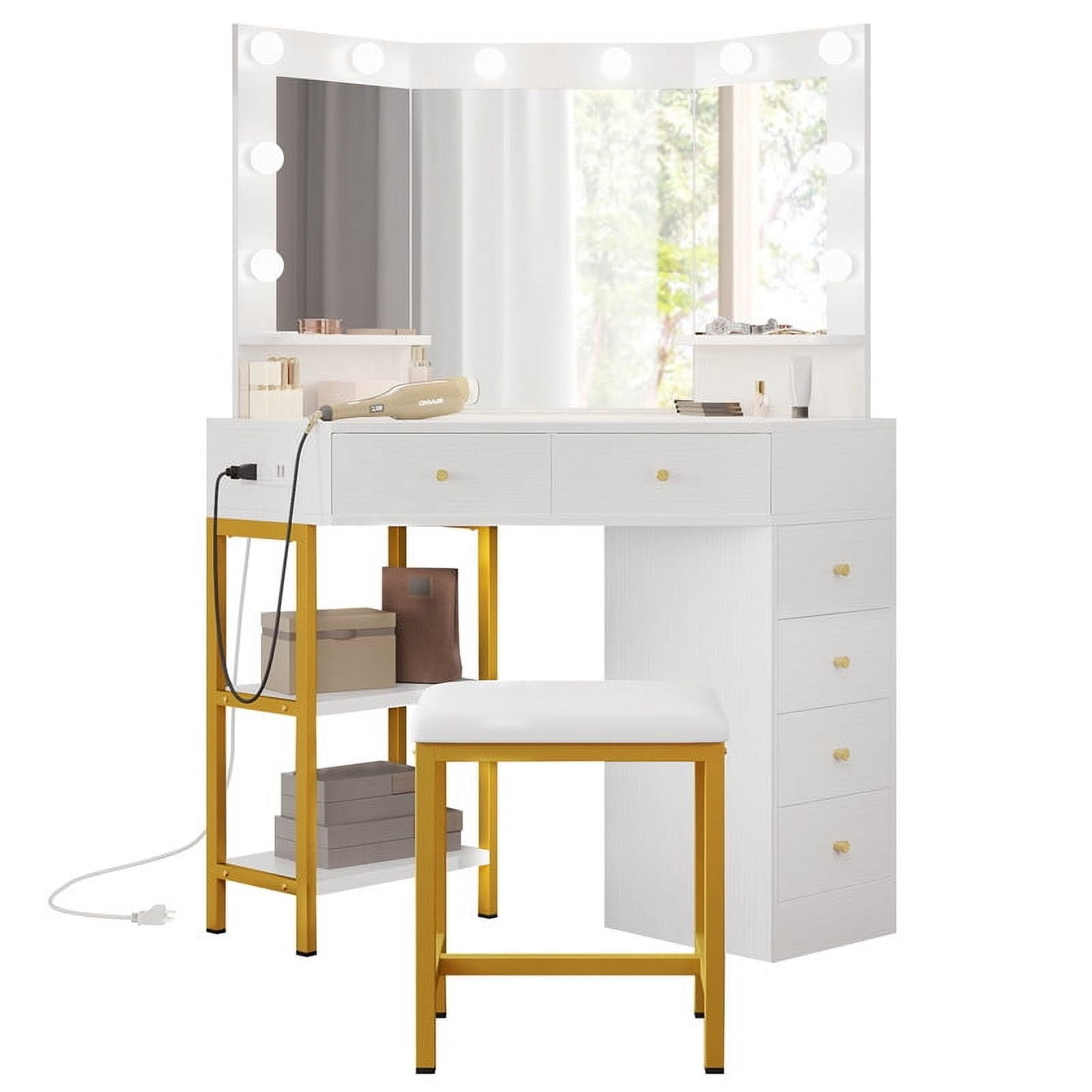 Uforic Corner Vanity Desk Set with LED Lighted Mirror and Charging Station, White, 6 Drawers