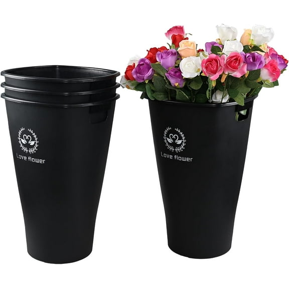 20 Inch Plastic Large Wedding Flower Bucket, 4-Pack Farmhouse French Flower Buckets, Black