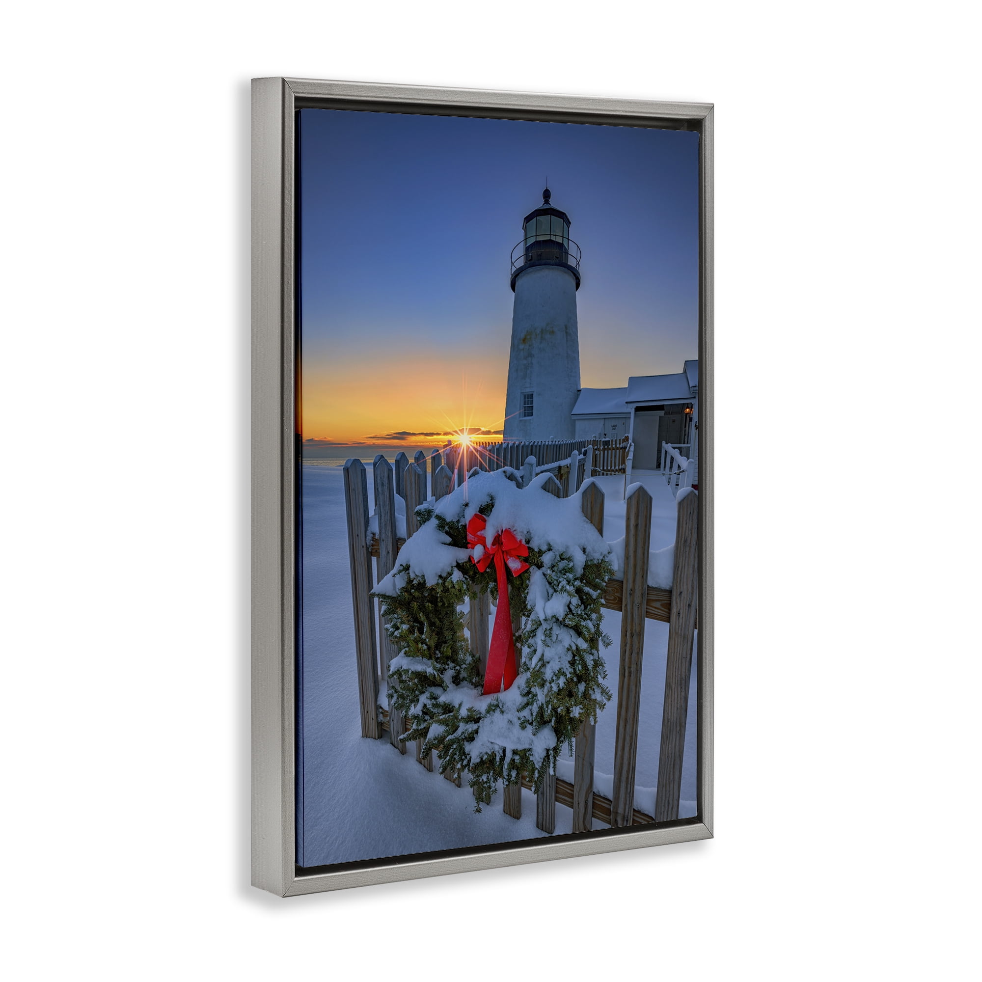 Stupell Industries Christmas Beach Lifehouse Holiday Painting Gray Floater Framed Canvas Art Prints Wall Art, 17 x 25