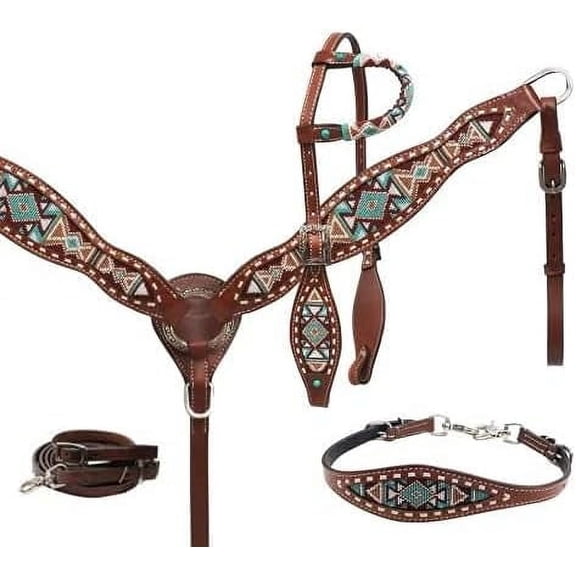 MARTIN ENTERPRISES Western Premium Leather Equestrian Trail Hand Carved Tooled Beaded Headstall, Breast Collar, Reins & Wither Straps Size Full