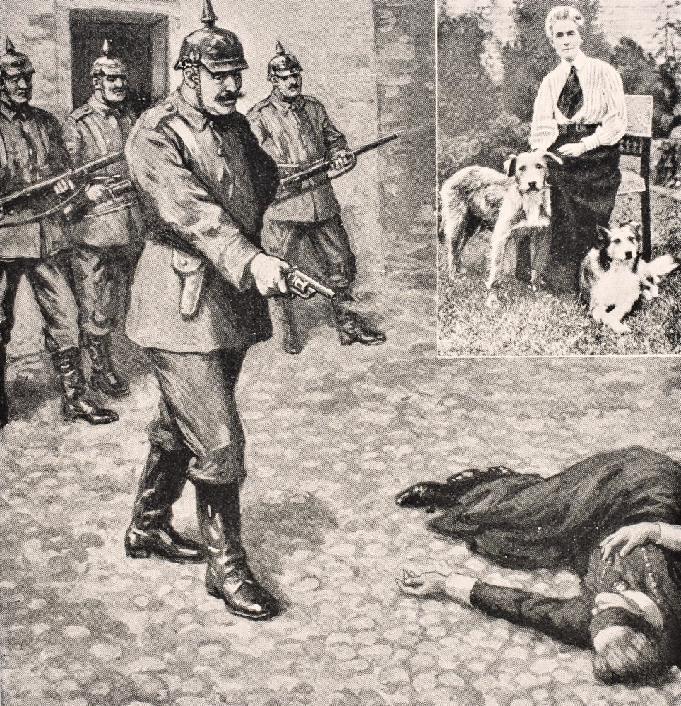 Imaginary Drawing Of Execution Of Edith Louisa Cavell 1865 To 1915 British Nurse And Humanitarian On October 12 1915 Inset Edith Cavell At Home With Her Dogs From The War Illustrated Album Deluxe Publ