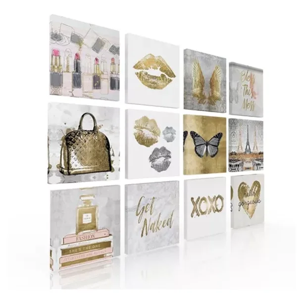 Set De 12 Cuadros Decorativos Para Recámara Love Oro