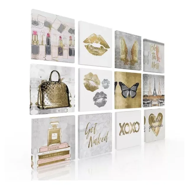 Set De 12 Cuadros Decorativos Para Recámara Love Oro