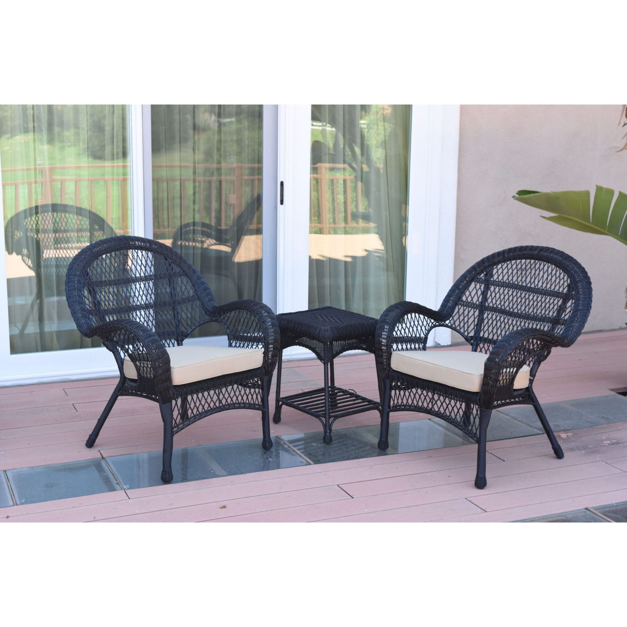 3-Piece Black Outdoor Furniture Patio Conversation Set - Tan Cushions