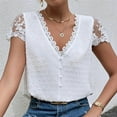 thumbnail image 3 of RQYYD Women's Swiss Dots Tops Summer Solid Color V Neck Lace Short Sleeve Button Down Shirt Casual Comfy Blouse(White,S), 3 of 8