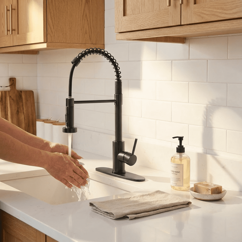 Kitchen Faucet with Pull Down Sprayer Industrial 1 Handle 1 Hole or 3 Hole Faucet for Farmhouse Camper Laundry Utility,Black