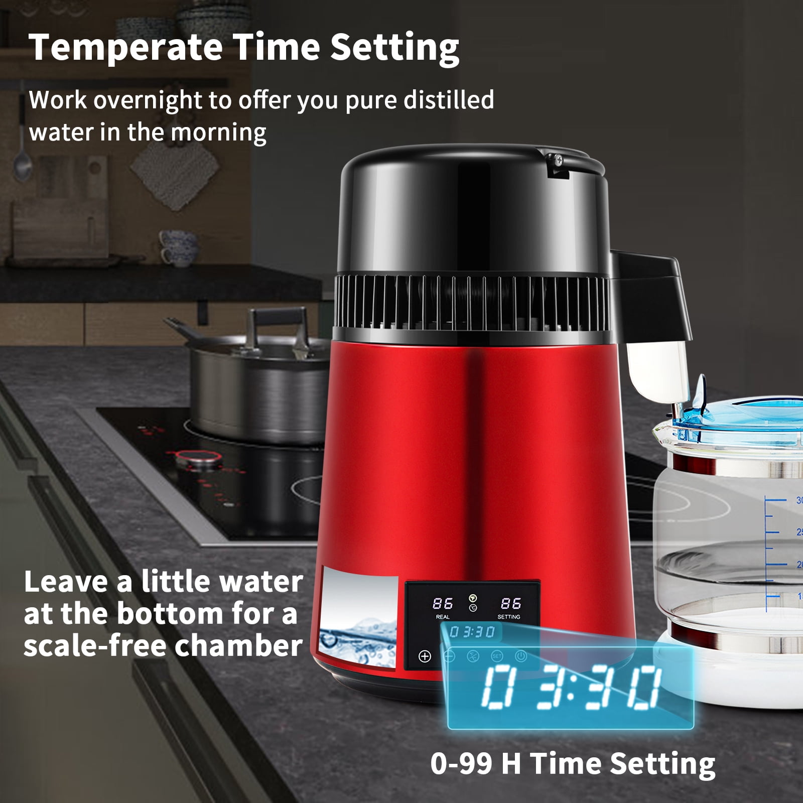 KFFKFF Water Purification System, 1.1Gal Capacity, 0.3Gal/Hour, 750W, Timer 0-99H, Dual Temperature Indicator, Made of 304 Stainless Steel, Glass Jug, Cleaning Agent, and Carbon Filters, Red