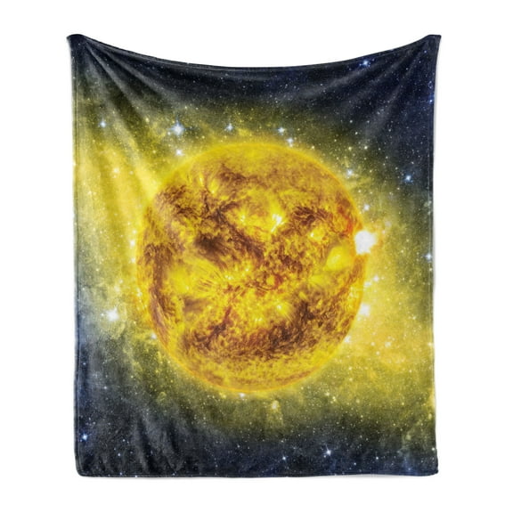 Galaxy Soft Flannel Fleece Throw Blanket, Panorama of Sun in Space with Luminous Effects Center of Solar System Print, Cozy Plush for Indoor and Outdoor Use, 70" x 90", Yellow Blue, by Ambesonne