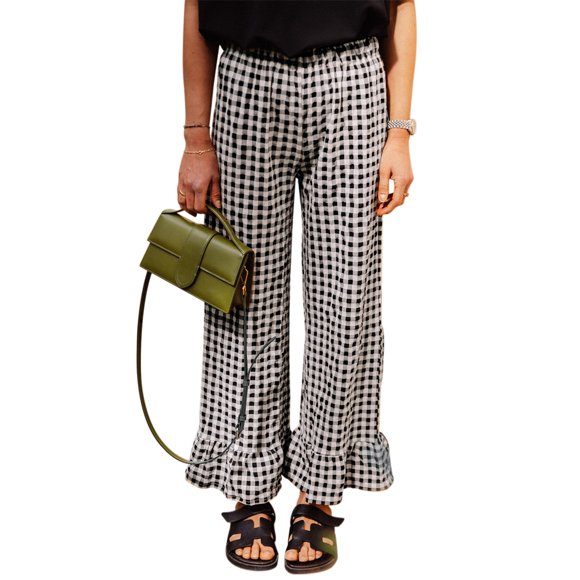 SUNSIOM Women's Plaid Wide Leg Pants Ruffled Legs Elastic Waistband Loose Gingham Print Casual Trouser