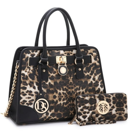 - Dasein Medium Faux Leather Leopard Chain Strap Satchel Handbag with Matching Wallet