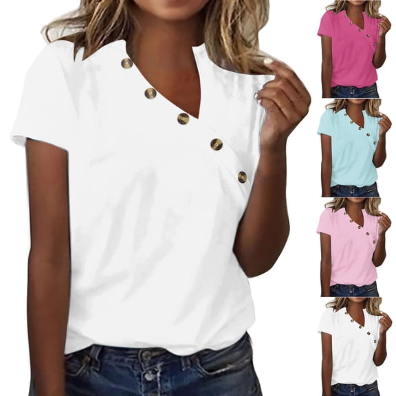 Dgankt Womens Short Sleeve Tops Button Detail Solid V Neck Short Sleeve Casual Basic Tee,Sizes S-5XL