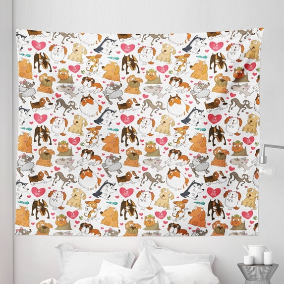 Dog Lover Tapestry, Cartoon Canines Bullterrier Doberman Husky Spaniel Love Theme Funny Characters, Fabric Wall Hanging Decor for Bedroom Living Room Dorm, 5 Sizes, Multicolor, by Ambesonne