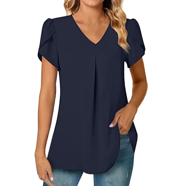 2025 Top túnica de manga corta con cuello en V de gasa para mujer, ideal para leggings - Mezcla ligera de rayón, tallas S-XXL