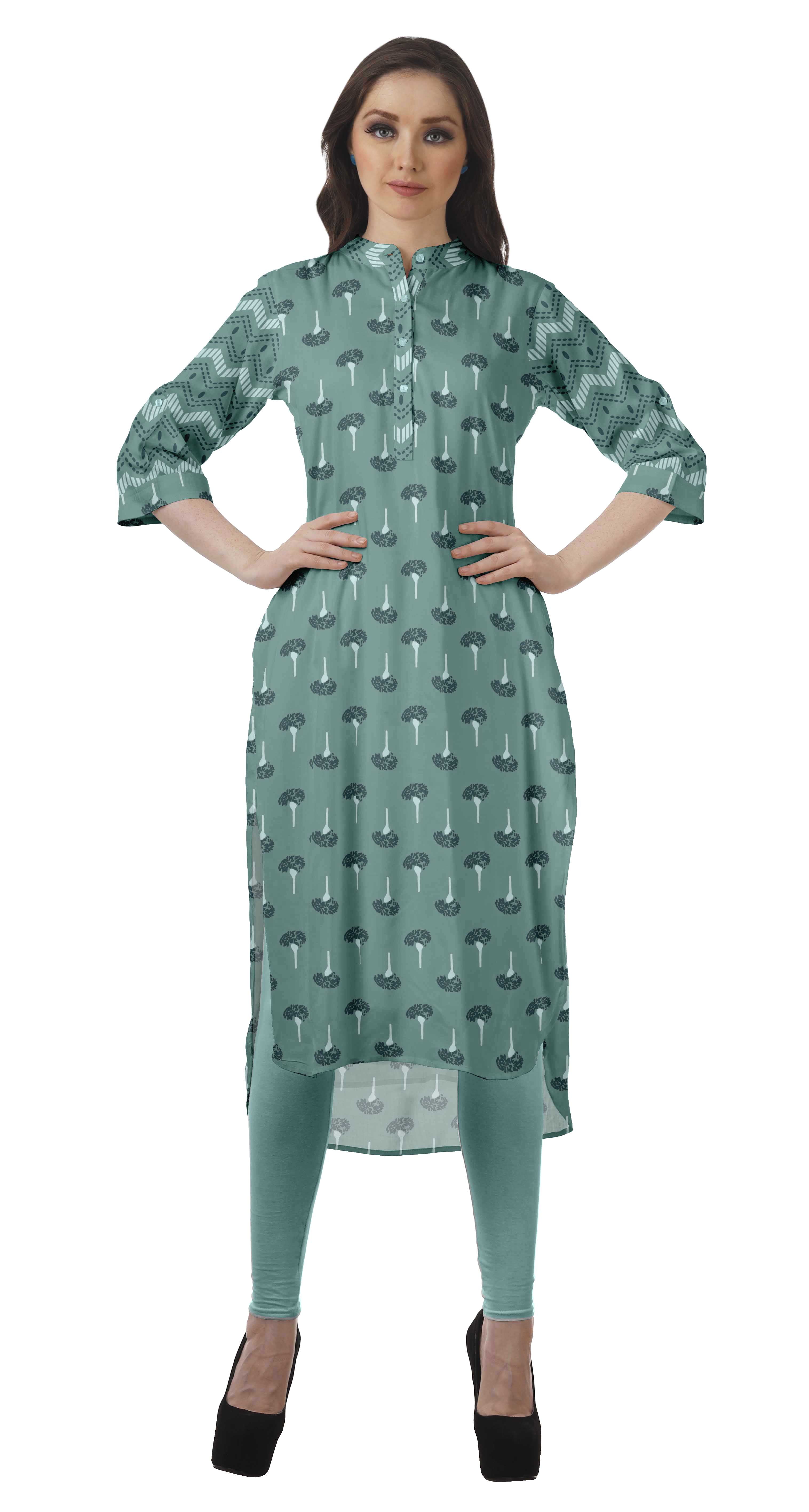 Sleeves Women Printed Kurti Knee Length 