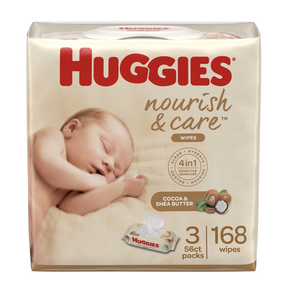Huggies Nourish & Care Scented Baby Wipes, 3 FlipTop Packs (168 Wipes