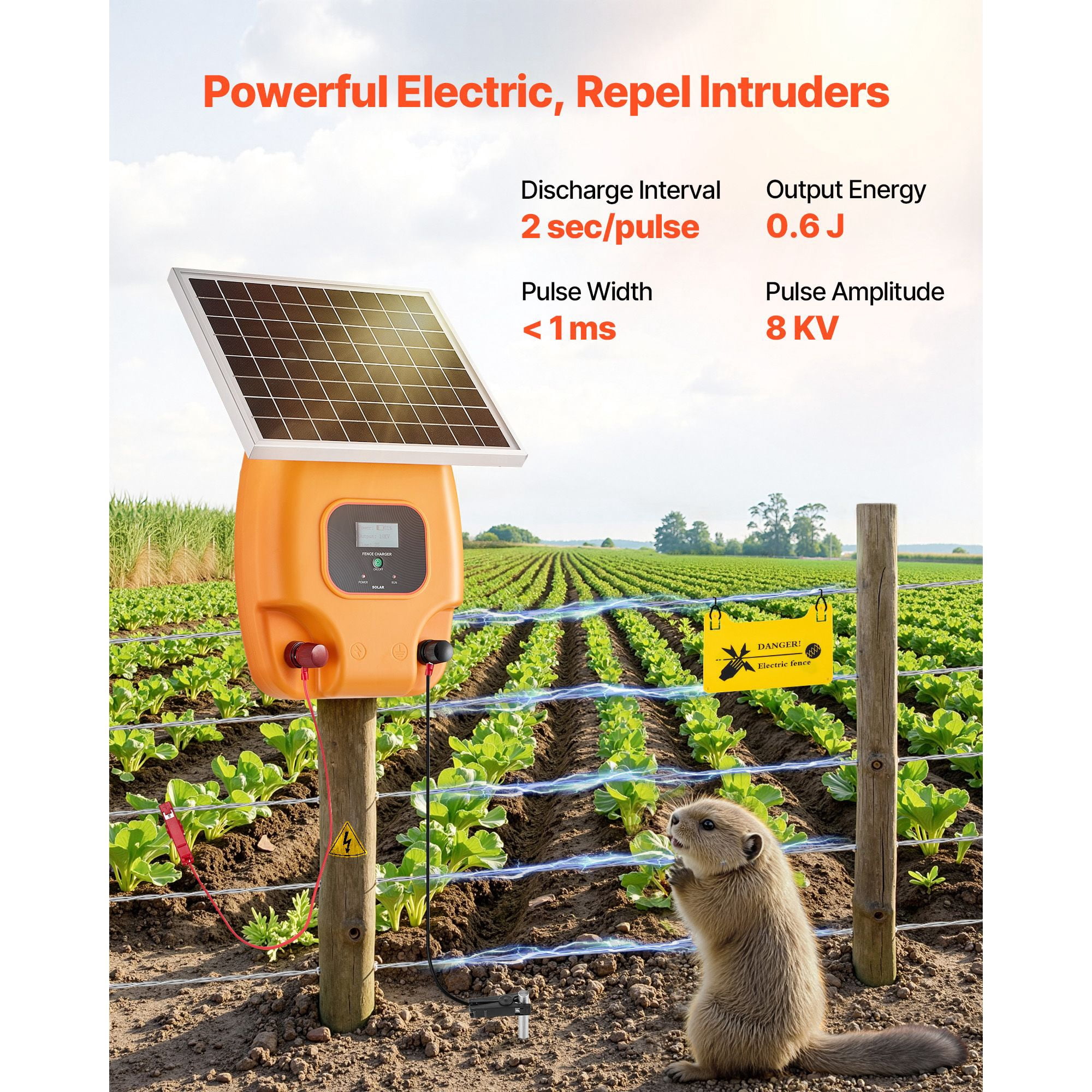 Solar Electric Fence Charger 10kV 1J, 8100mAh Battery, IP65 Waterproof, 10W Solar Panel, for Livestock Garden Pet Protection
