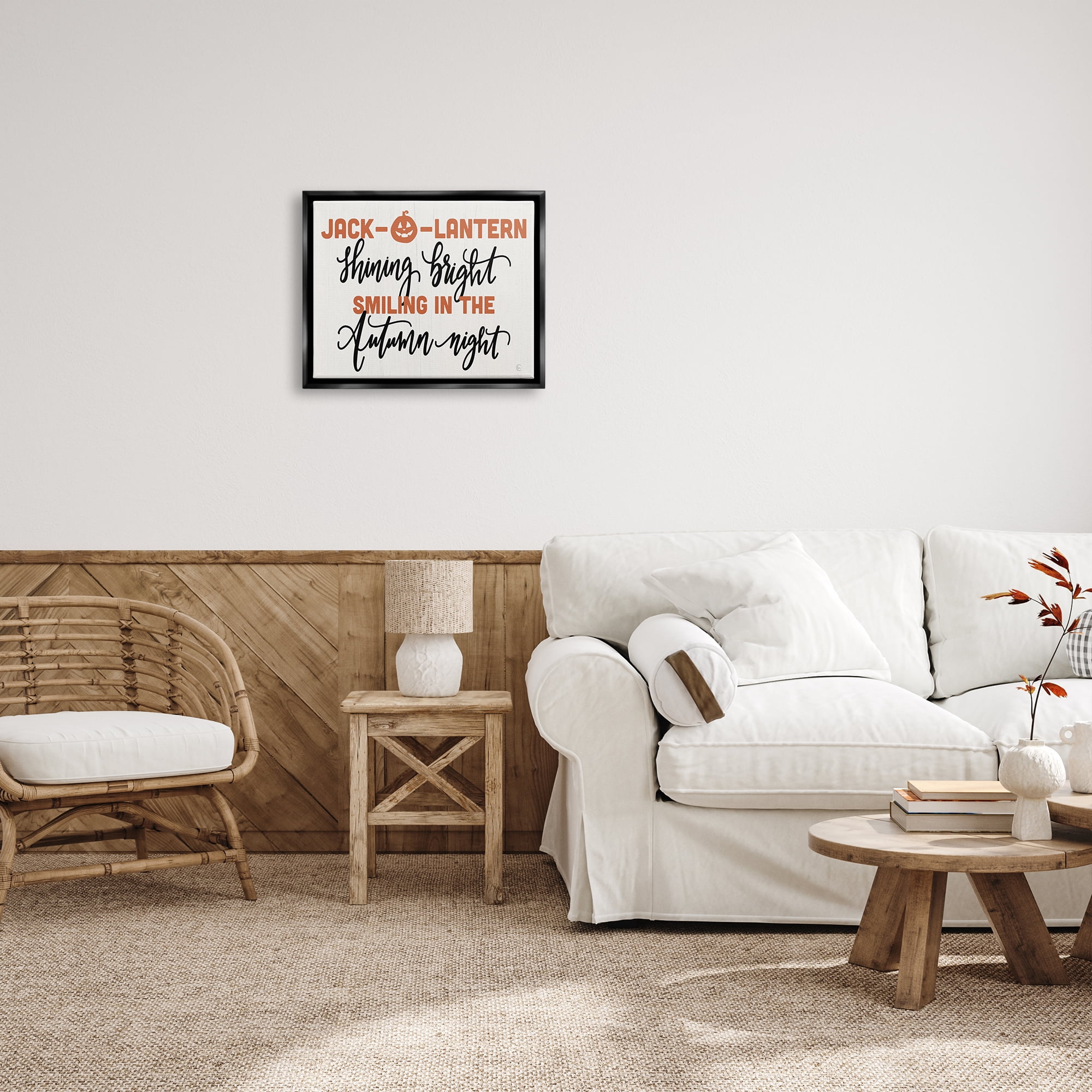 Stupell Industries Autumn Jack-o-Lantern Phrase Holiday Painting Black Floater Framed Art Print Wall Art, 21 x 17