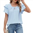 thumbnail image 3 of Blusas de Verano para Mujer, con Volantes, Corta, Cuello Redondo, Informales, Plisadas Al Frente, Básicas. Azul S, 3 of 9