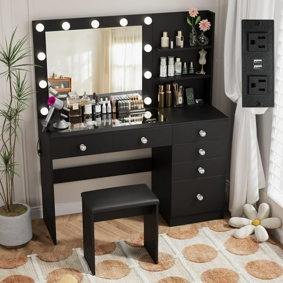 VOWNER Vanity with Lights - 47" Glass Top Makeup Vanity Desk with 6 Drawers, 3 Storage Shelves and Outlet, 3 Color Lighting Modes with Adjustable Brightness, Makeup Desk with Stool for Bedroom, Black
