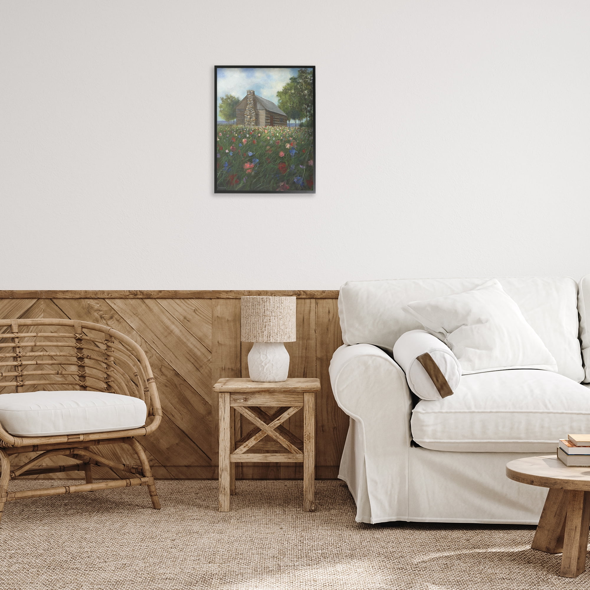 Stupell Industries Log Cabin Meadow Landscape Painting Black Framed Art Print Wall Art, 16 x 20