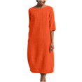 thumbnail image 2 of CHOK Robe en Coton et Lin pour Femmes Grande Taille Manches 3/4 Col Rond Coupe Ample Robe Midi Unie, 2 of 4