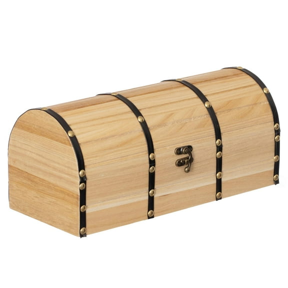 Vintiquewise Unfinished Vintage-Style Wooden Treasure Chest Dome Top Leather Bands Antique Brass Studs & Front Latch Decorative Storage Box for Home Display Pirate -Themed Decor or Functional Use