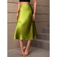 thumbnail image 4 of Olive Green Satin High-Waist Flowing Midi Slip Skirt Sheath, 4 of 7