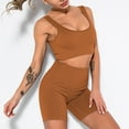 thumbnail image 2 of SWSMCLT Women's Seamless Yoga Set 2 Piece Workout Oufit Biker Shorts Set Lounge Gym Activewear with Padded Bra Quick Dry Ribbed Summer Sleeveless Scoop Neck Backless High Waist Coffee Medium, 2 of 5