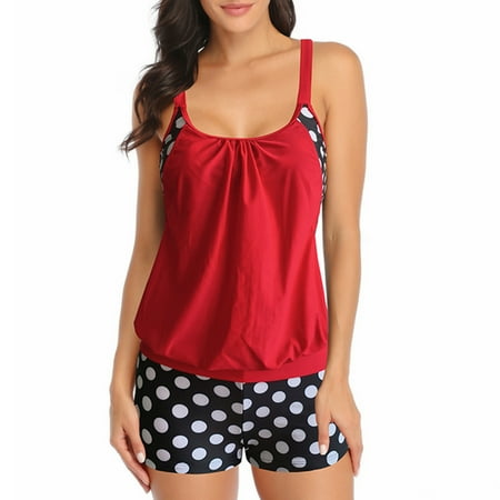 Cathalem Womens Swimsuits Sports Bra Bathing Suit Top Women Plus Size Dot Print Strappy Back Tankini plus Size Bathing Suits Women with Underwire Red 3X-Large