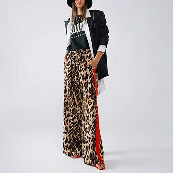 Womens Pants Leopard Print Side Stripes Straight Leg Thin Drawstring Pants Summer Loose Casual Brown M