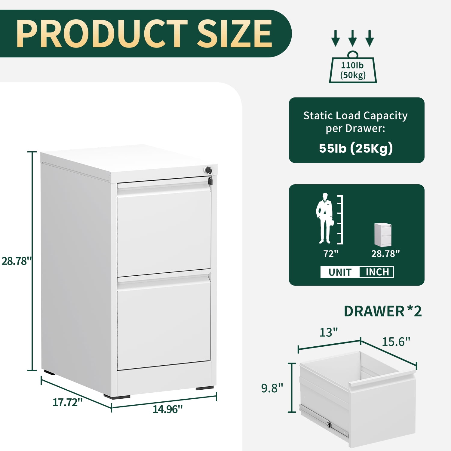 IKIMI 2 Drawer Vertical File Cabinet with Lock, 28.8" H Metal Office Storage Cabinet for A4/Letter/Legal Size, White