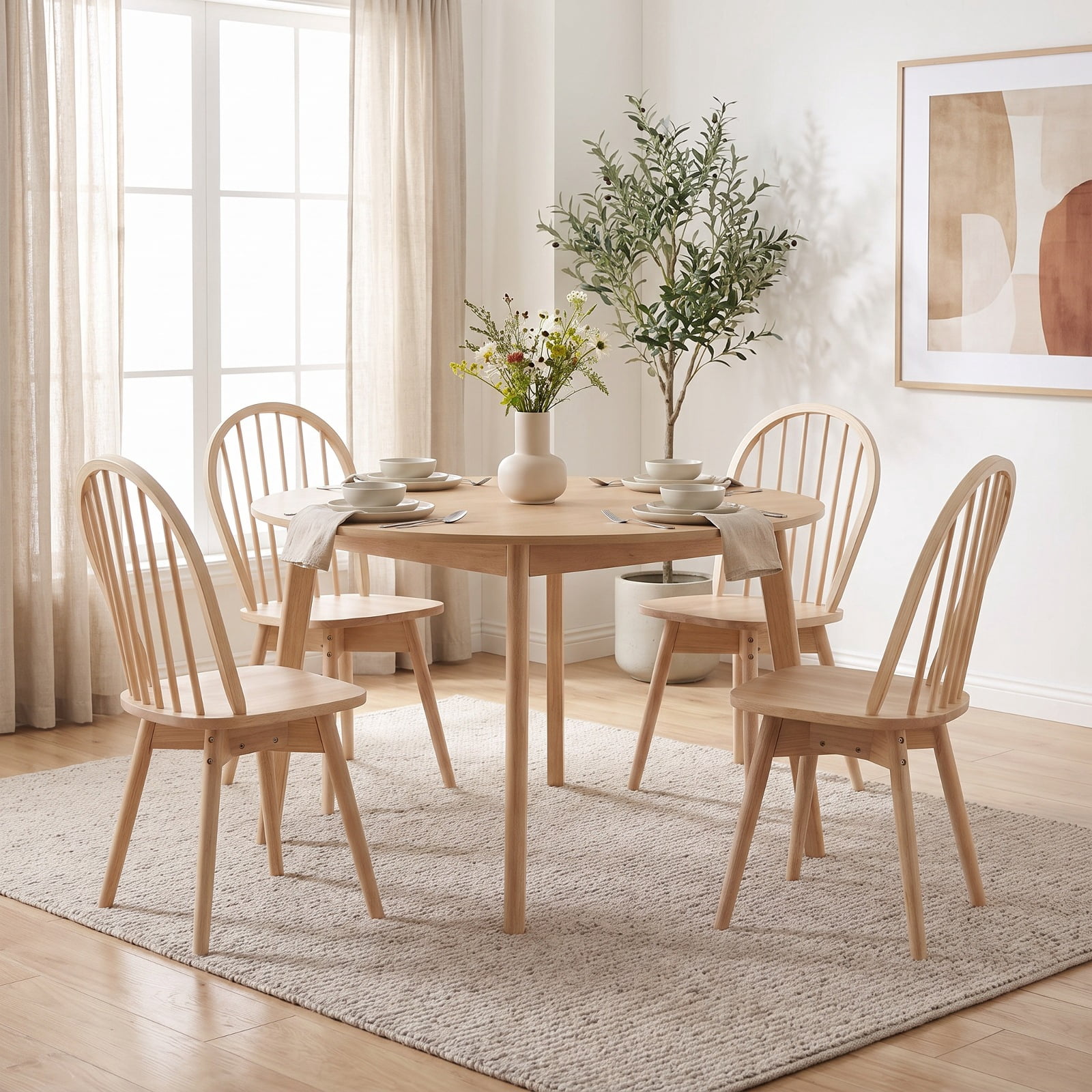 Furnibear Swivel Windsor Dining Chairs Set of 2 with Solid Rubber Wood Frame for Kitchen Dining Room Living Room Home, Natural