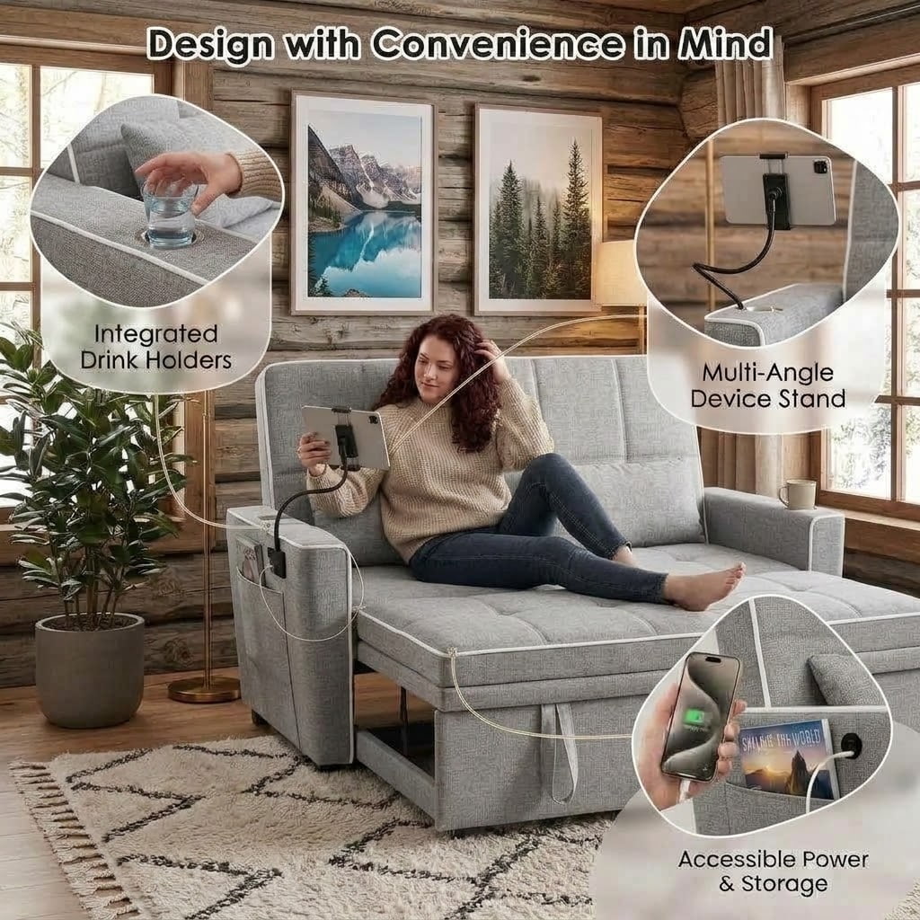 Howcool 54" Convertible Sleeper Sofa Bed, Pull Out Loveseat Couch with USB Port, Phone Holder & Cup Holder, Adjustable Backrest, Velvet Sofa for Living Room, Apartment, Light Gray