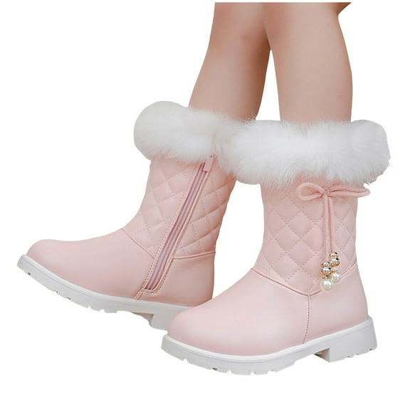 Girls Fluffy Mid Calf Boots Comfortable Fleece Lined Non Slip Snow Booties Winter Waterproof Princess Shoes