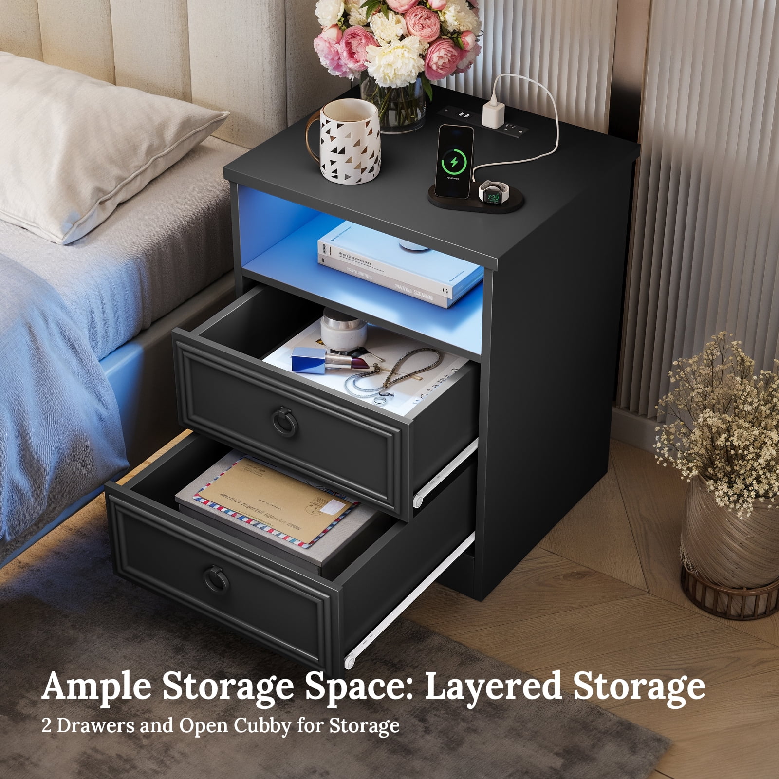 LGHM Nightstands Set of 2 with Charging Station & LED Light, Bedside Table with 2 Drawers for Bedroom, Living Room, Gray