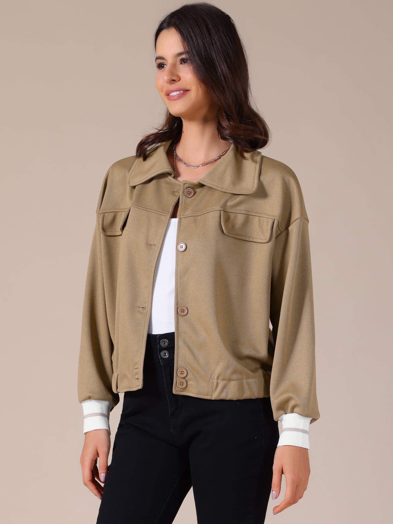 DARING DIVA Women's Long Sleeve Button Down Cropped Jacket XL Khaki