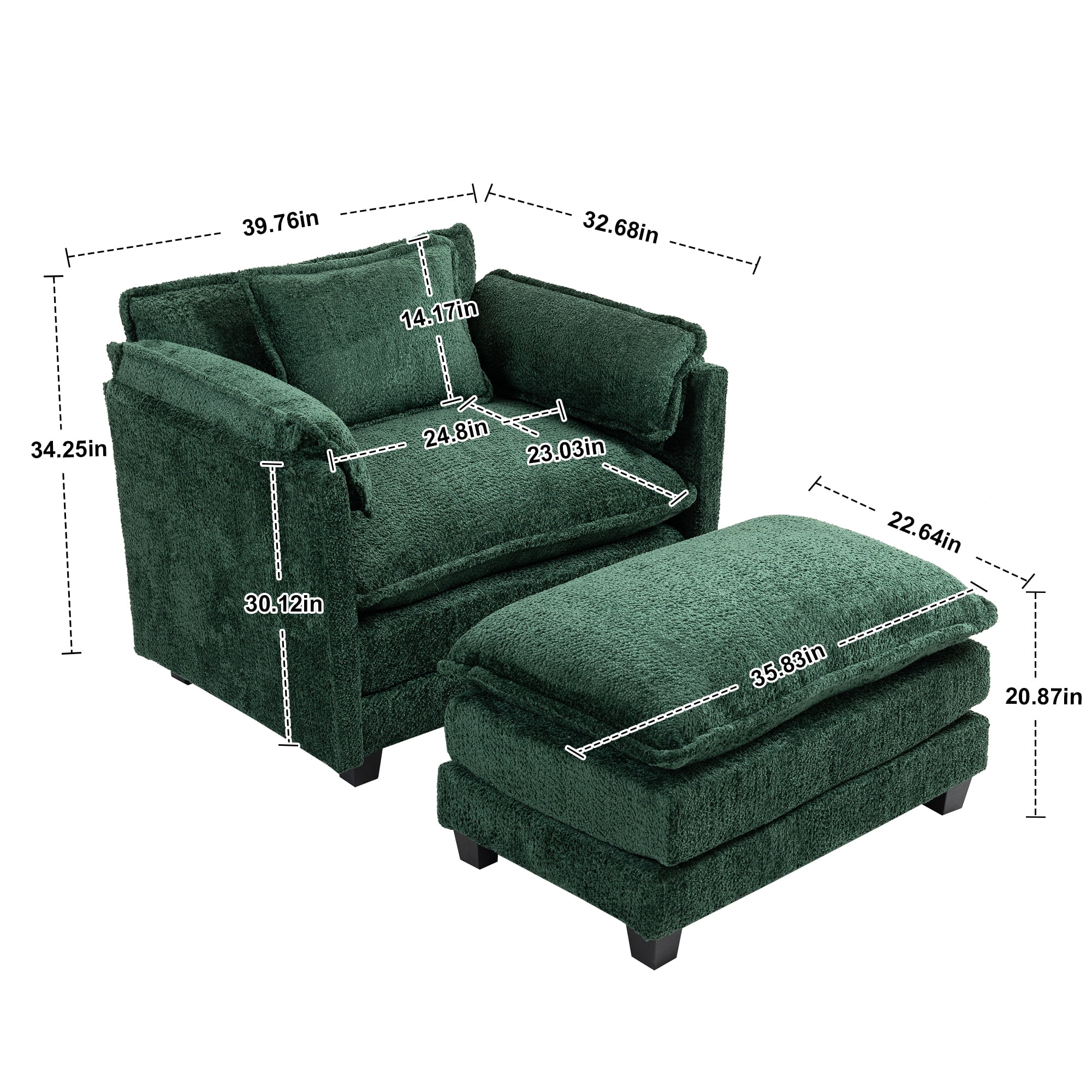 Miniyam 55" x 39.76" Premium Oversized Boucle Sofa Bed with Ottoman & Side Pocket, Single Sofa, Double Cushion & Thick Wrapping Armrests, Dark Green