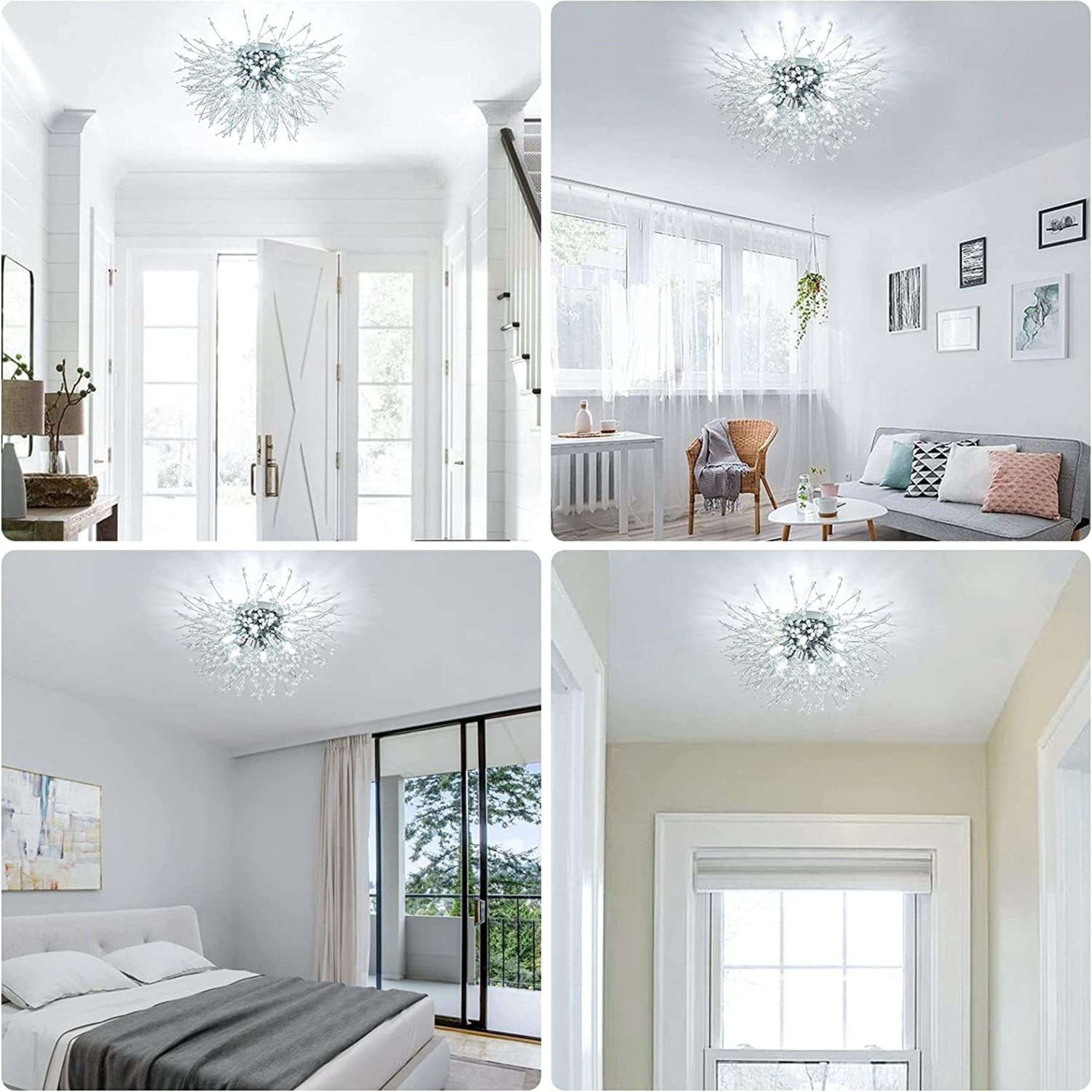 Noble House 19.7" Crystal Sputnik Flush Mount, Chrome Stainless Steel Light Fixtures, G9 Dimmable Ceiling Light, Silver